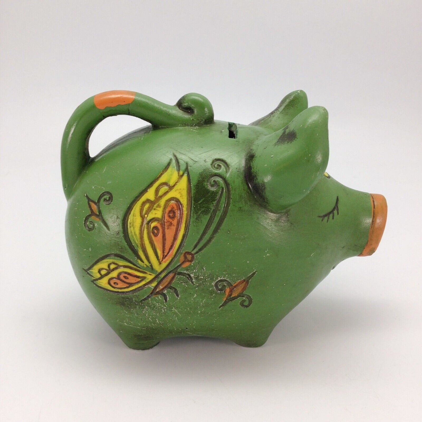 Ceramic Piggy Coin Bank Green Yellow Orange Butterfly Pig 1960’s Vintage