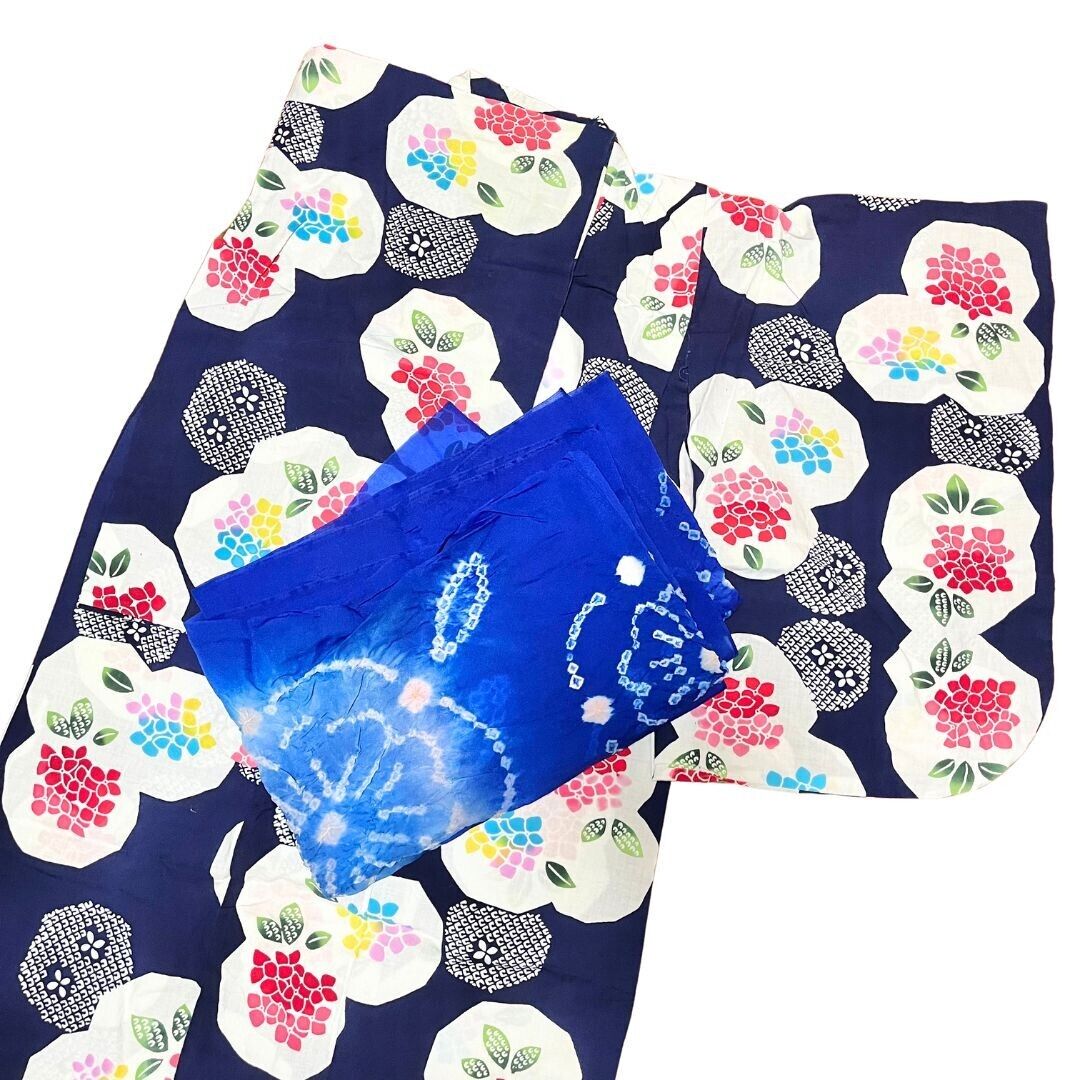 Summer yukata Japanese girl floral kimono hydrangea navy blue