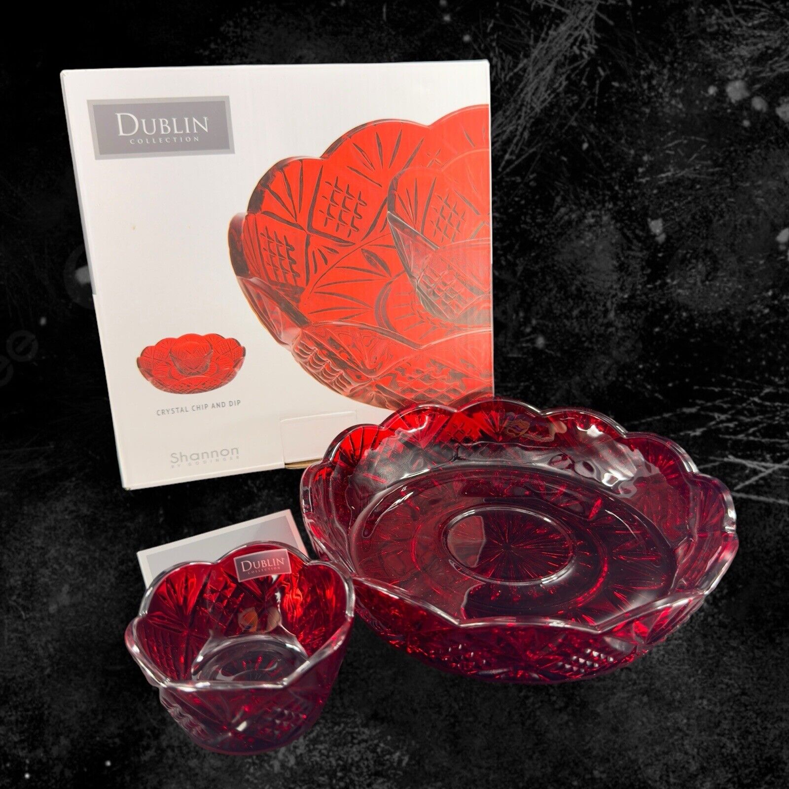 Shannon Godinger Dublin Ruby Red Crystal Chip and Dip Serving Bowl Set 2 W Box