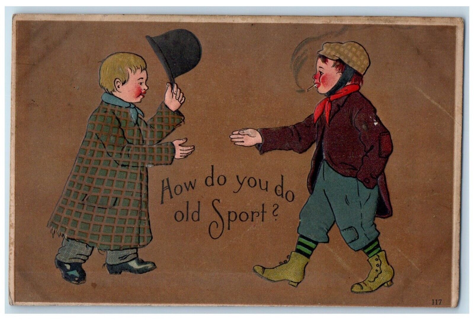 c1910's Childrens Smoking Handshake Formality Embossed Posted Antique Postcard