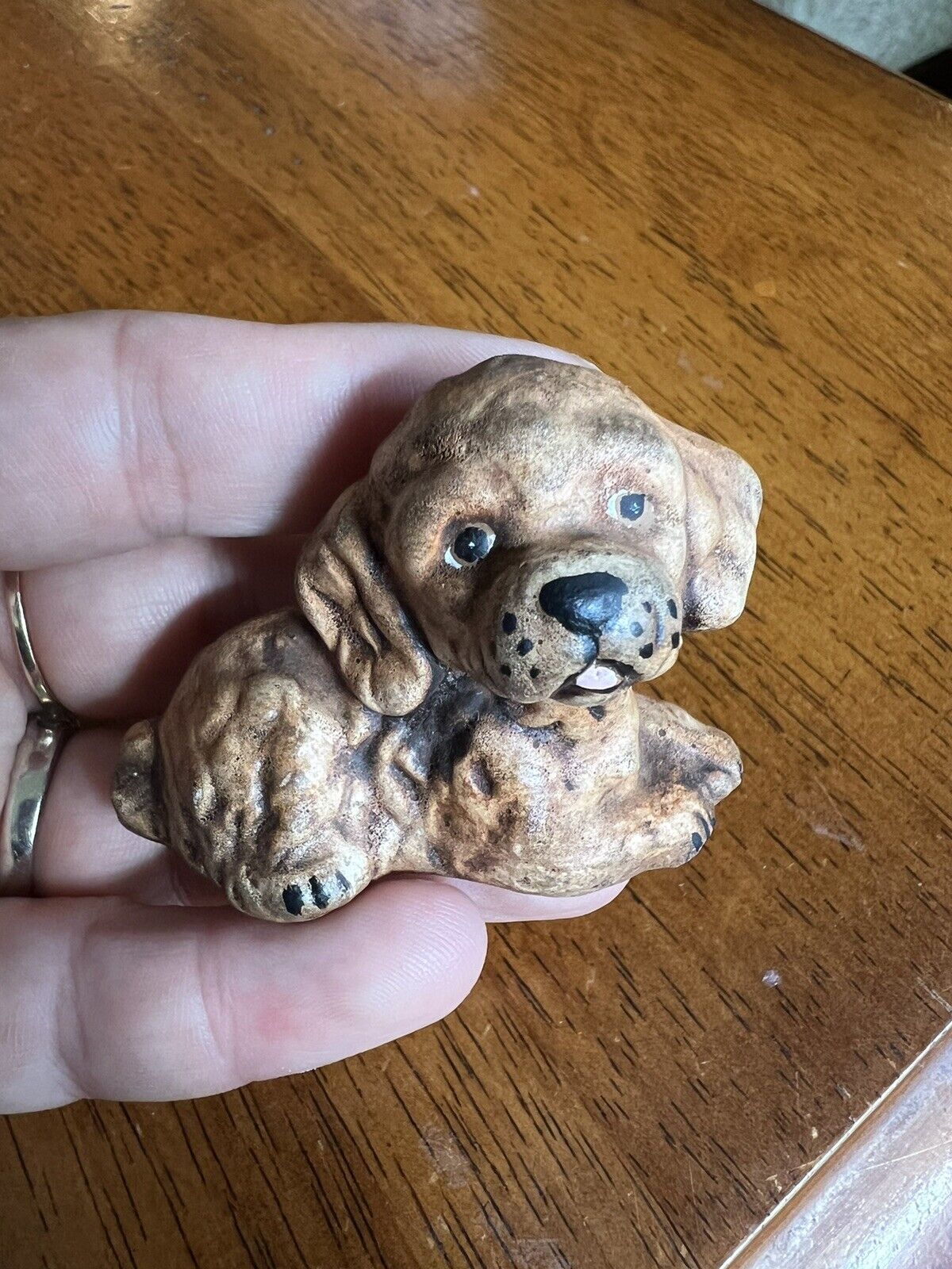 Cute Vintage Signed Cocker Spaniel? Puppy Dog Ceramic Figurine Miniature Brown