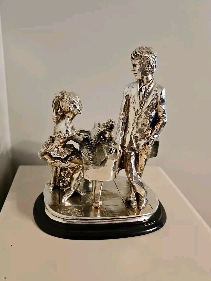 SAGNI Signed Silver Piano Player Sculpture Metal Girl & Boy Italy Vintage 1986