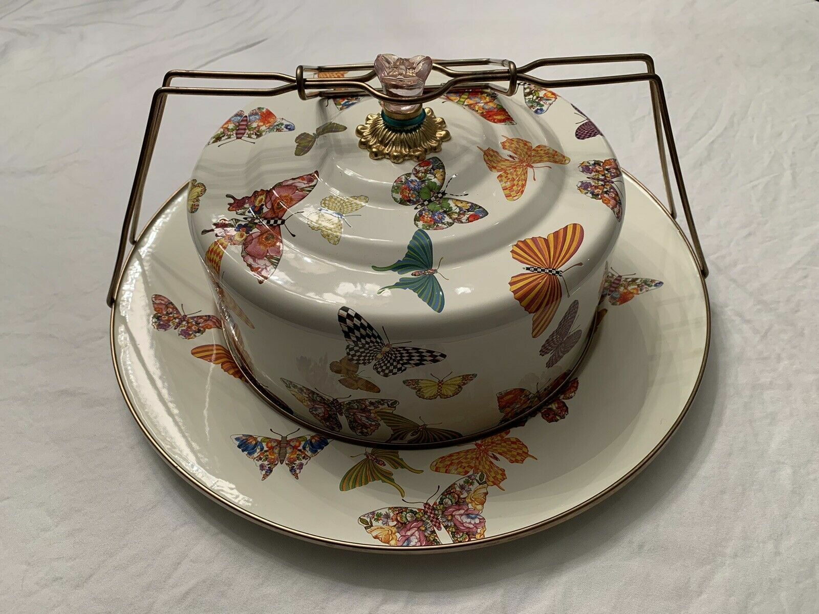 MacKenzie Childs Enamelware Butterfly Garden Enamel Cake Tray Platter Dome Rare
