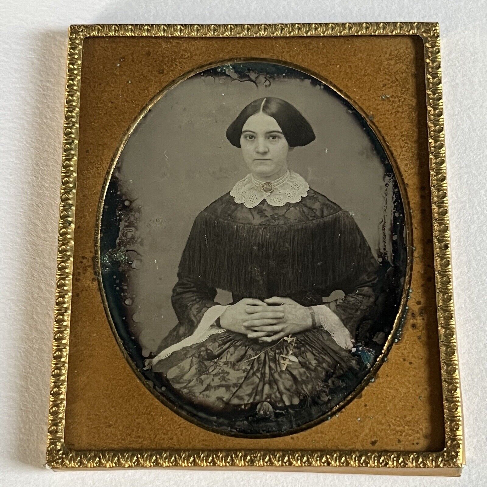 Antique Daguerreotype Photograph Beautiful Young Woman Fringe Dress Lace Cross