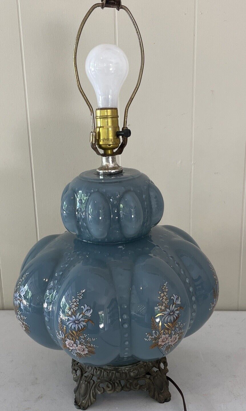 Vtg Hollywood Regency MCM Table Lamp Melon Bubble Blue Glass Carl Falkenstein
