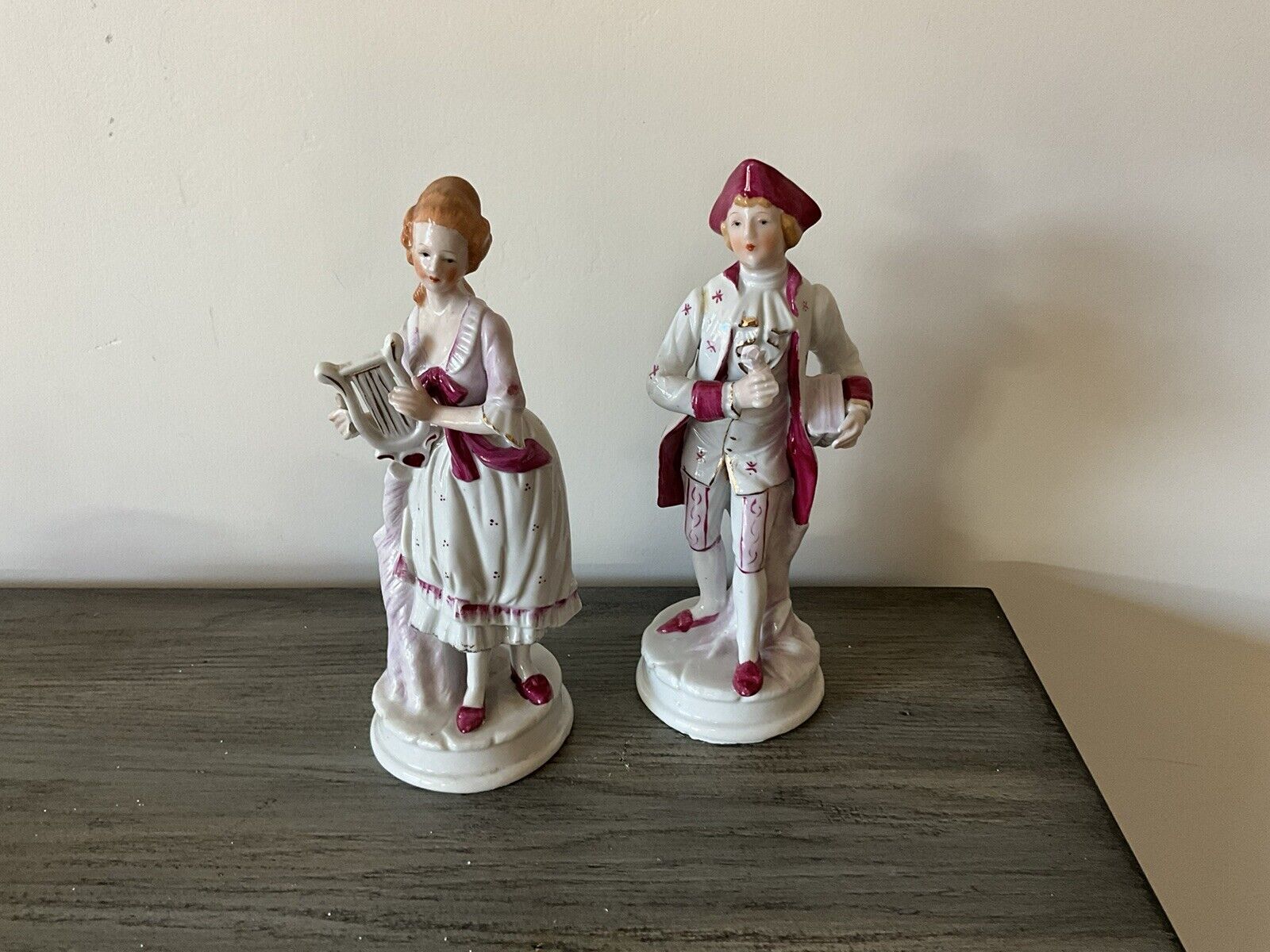 Vintage Dresden Style Figurines Man And Woman Pink And White 9” Tall