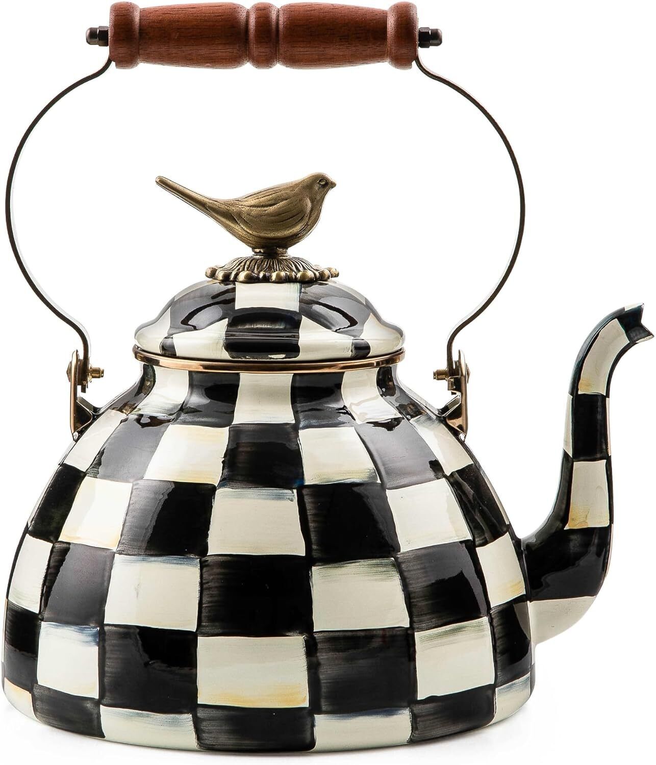 MacKenzie-Childs Courtly Check Enamel Tea Kettle with Bird Topper, Stovetop...