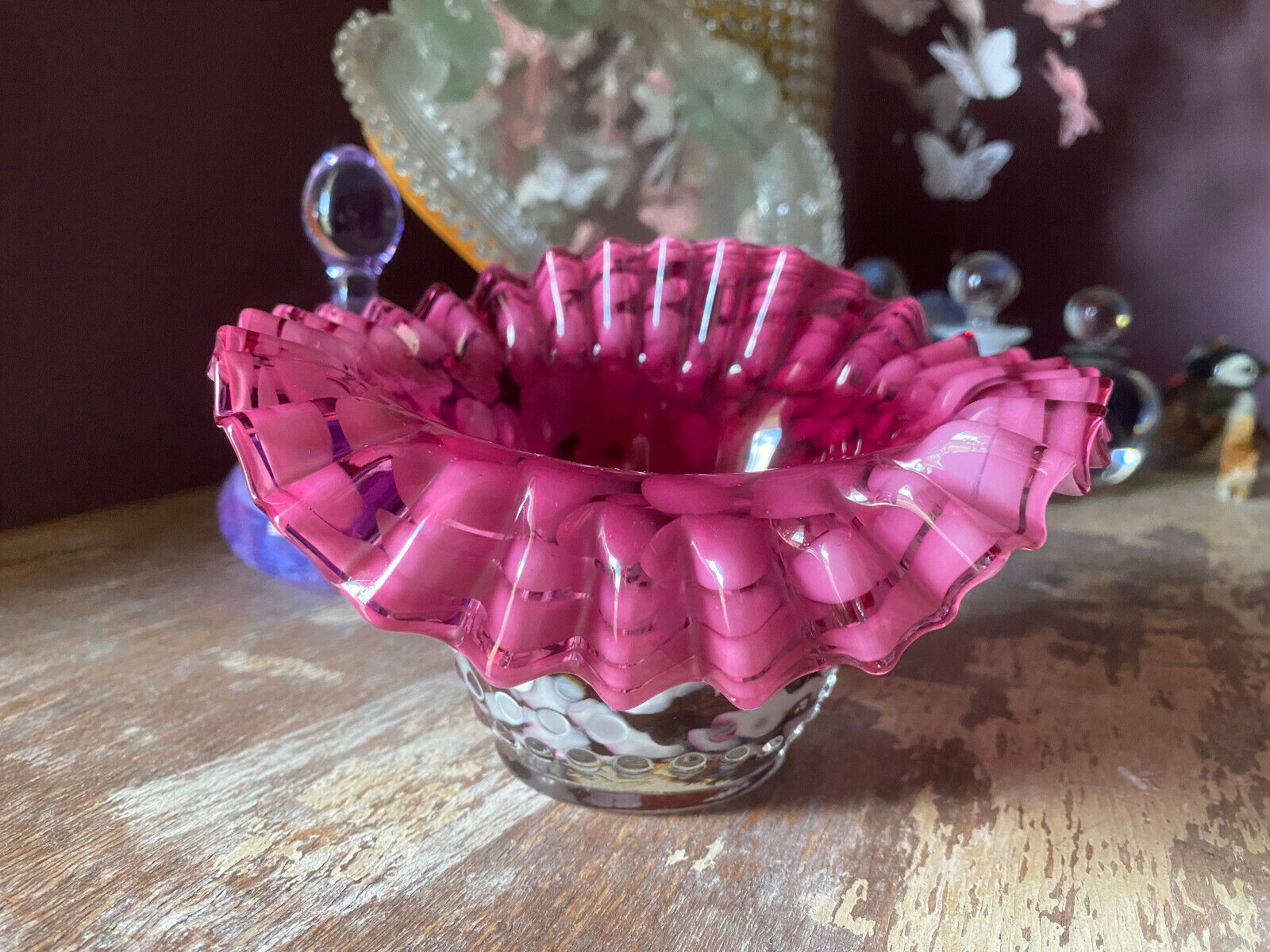Fenton Cased Glass Hobnail Candleholder Pink Cranberry Ruffled Crimped