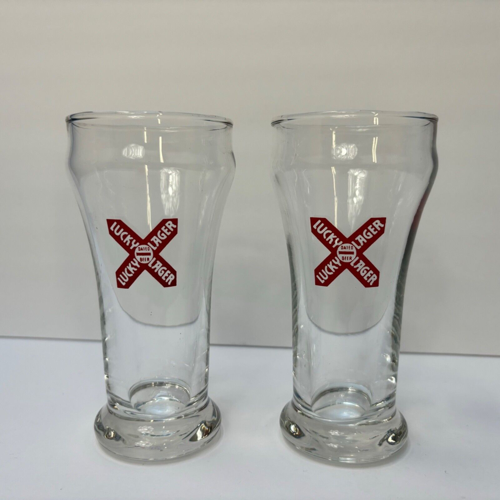 Vintage Lucky Lager Beer Drinking Glasses ~ Set of Two