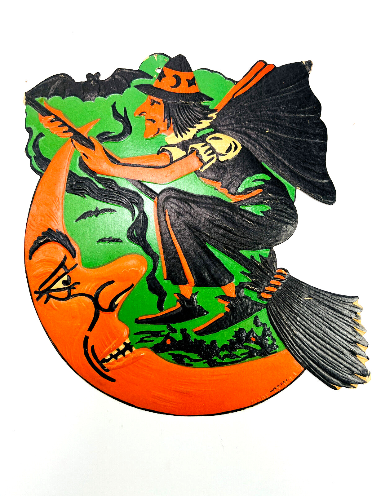vtg Halloween 30s 40s BEISTLE embossed diecut witch on broom over moon