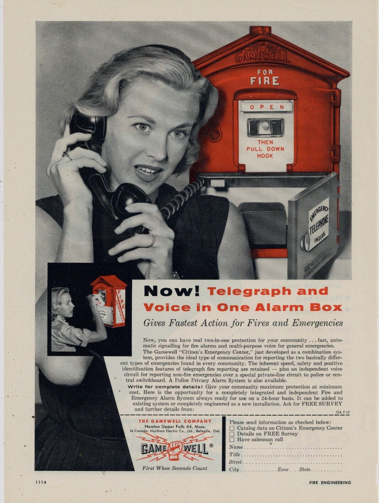 1957 Gamewell Co. Ad: Citizen's Emergency Center Alarm Box - Newton Upper Falls