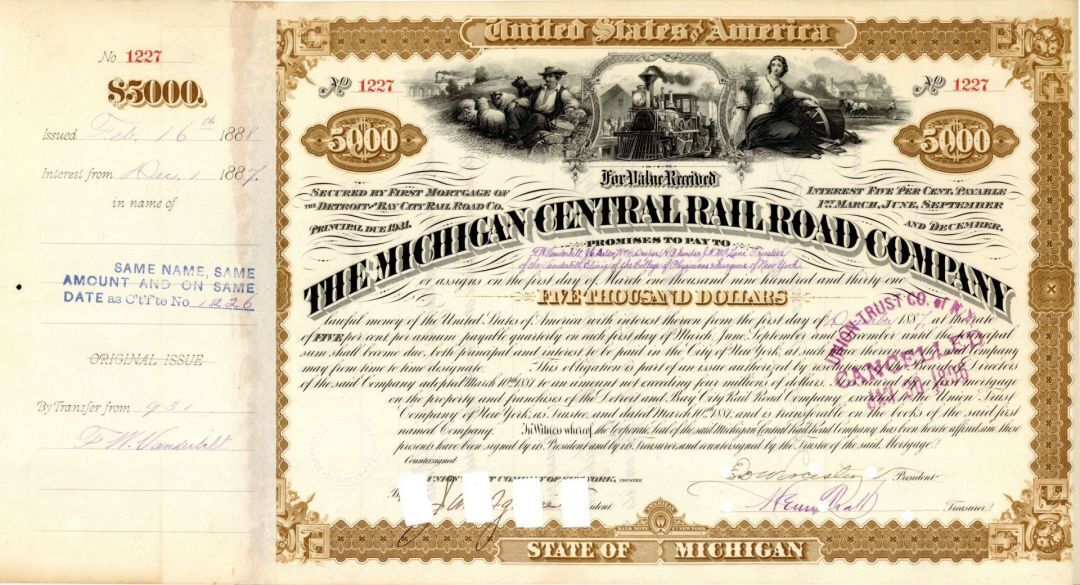 Michigan Central Railroad Co. Issued to F.W. Vanderbilt - $5,000 Bond - Autograp