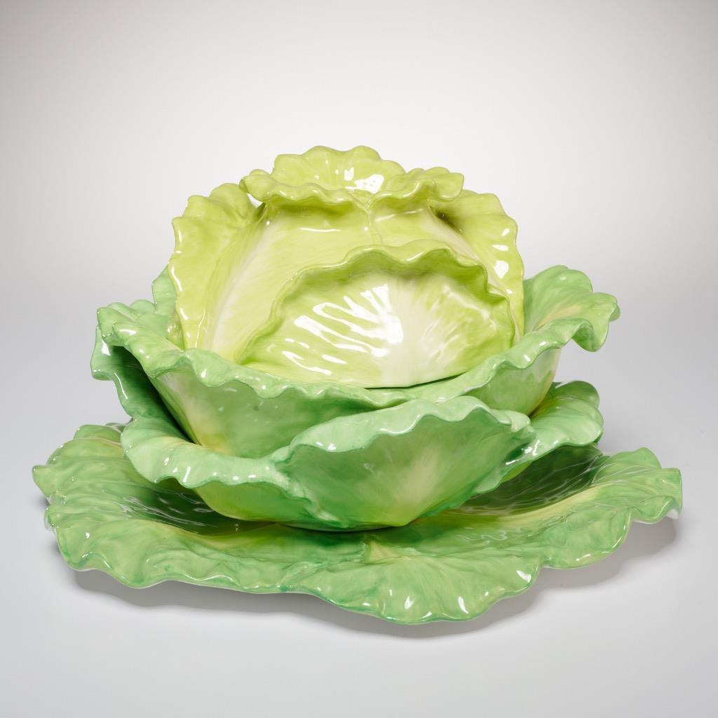 Mottahedeh Large Green Lettuce Tureen w Stand Underplate Liner Chatsworth Repro