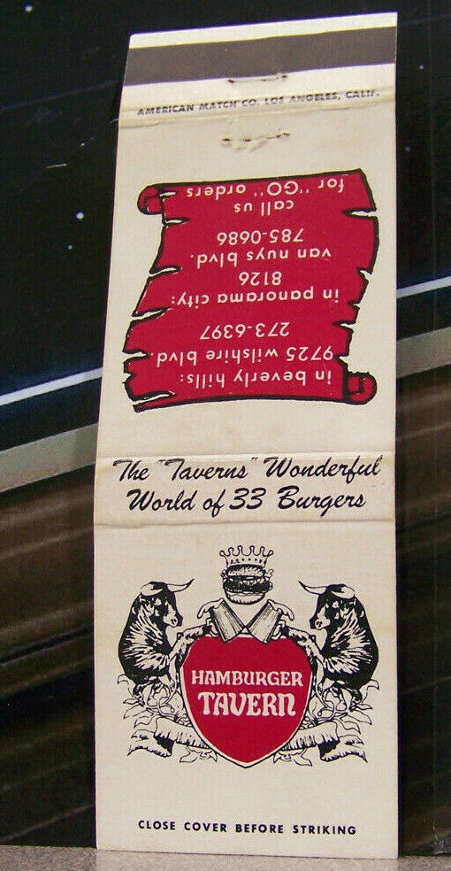 Vintage Matchbook K4 Beveryly Hills Panorama City California Hamburger Tavern