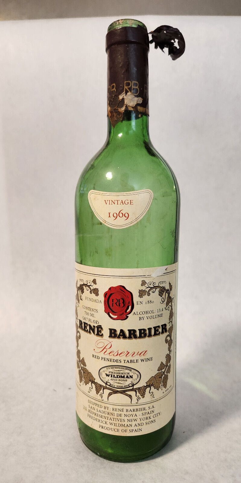 Vtg Rare - 1969 -Rene Barbier: Reserva - Spanish Wine - Empty Wine Bottle & Cork
