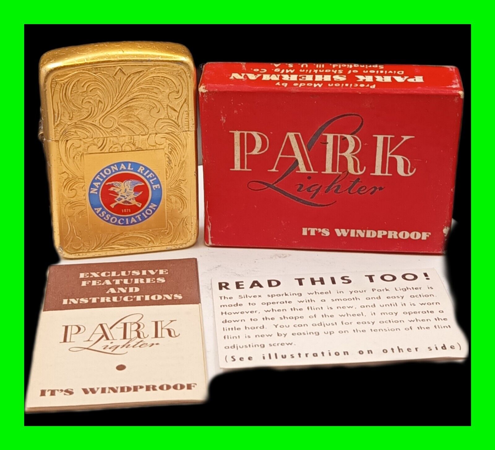 Vintage UNFIRED Park NRA National Rifle Association 1871 Lighter w/ Box & Papers