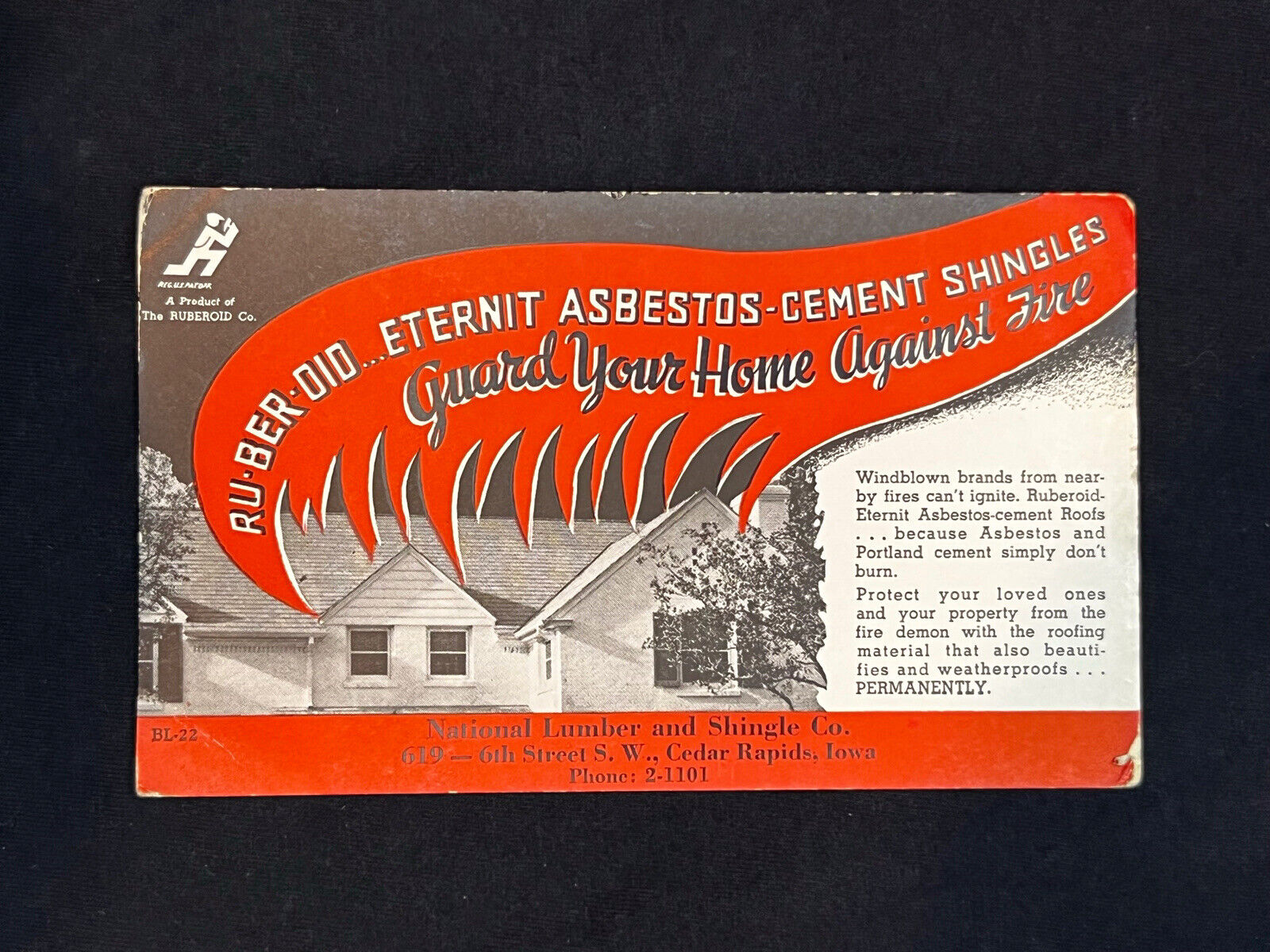 Ad Card: Rubberoid Eternit-Asbestos cement -Shingles. Product Of Rubberoid Co.