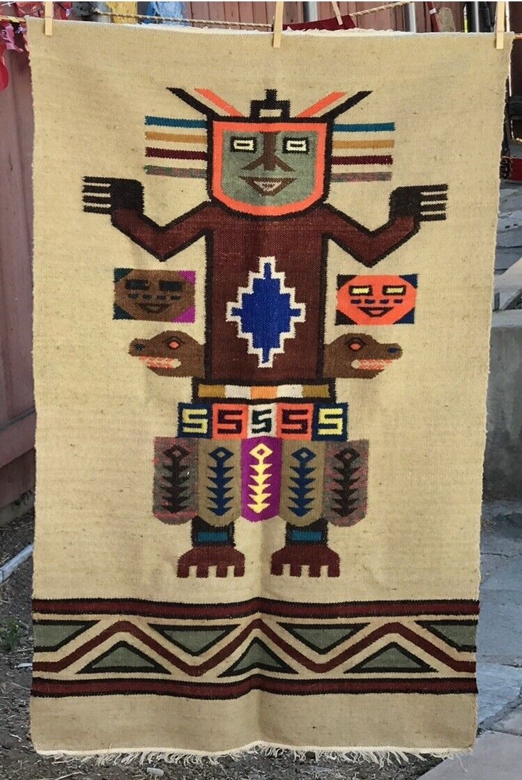 Vintage Woven Wool Native Aztec Mayan Wall Hanging Tapestry Rug Mexico 45”x 27”