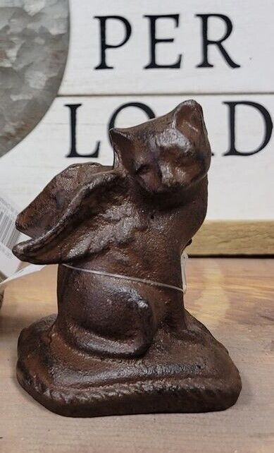 Cat with Angel Wings Figurine Kitty Memorial Statue Cast Iron Heavy Duty Brown