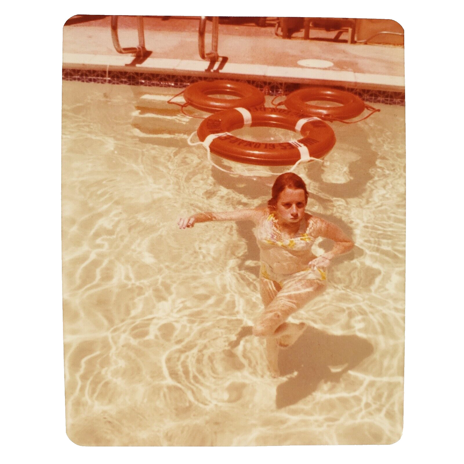 Woman Walking in Swimming Pool Photo 1970s Life Rings & Bikini Snapshot B3520