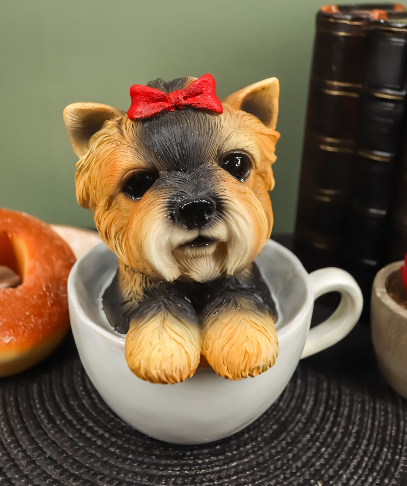 Ebros Realistic Adorable Yorkie Dog with Red Ribbon in Teacup Statue 6\