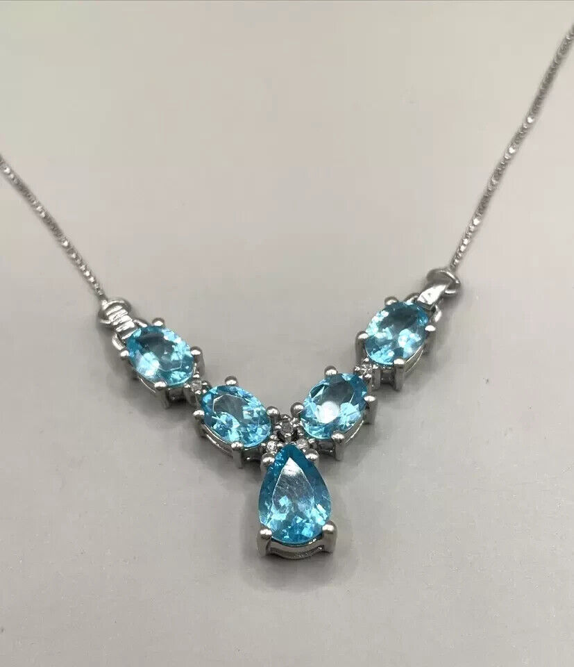 Blue Topaz, Diamond & Sterling Silver 18” Chevron Necklace 925 Jewelry #266