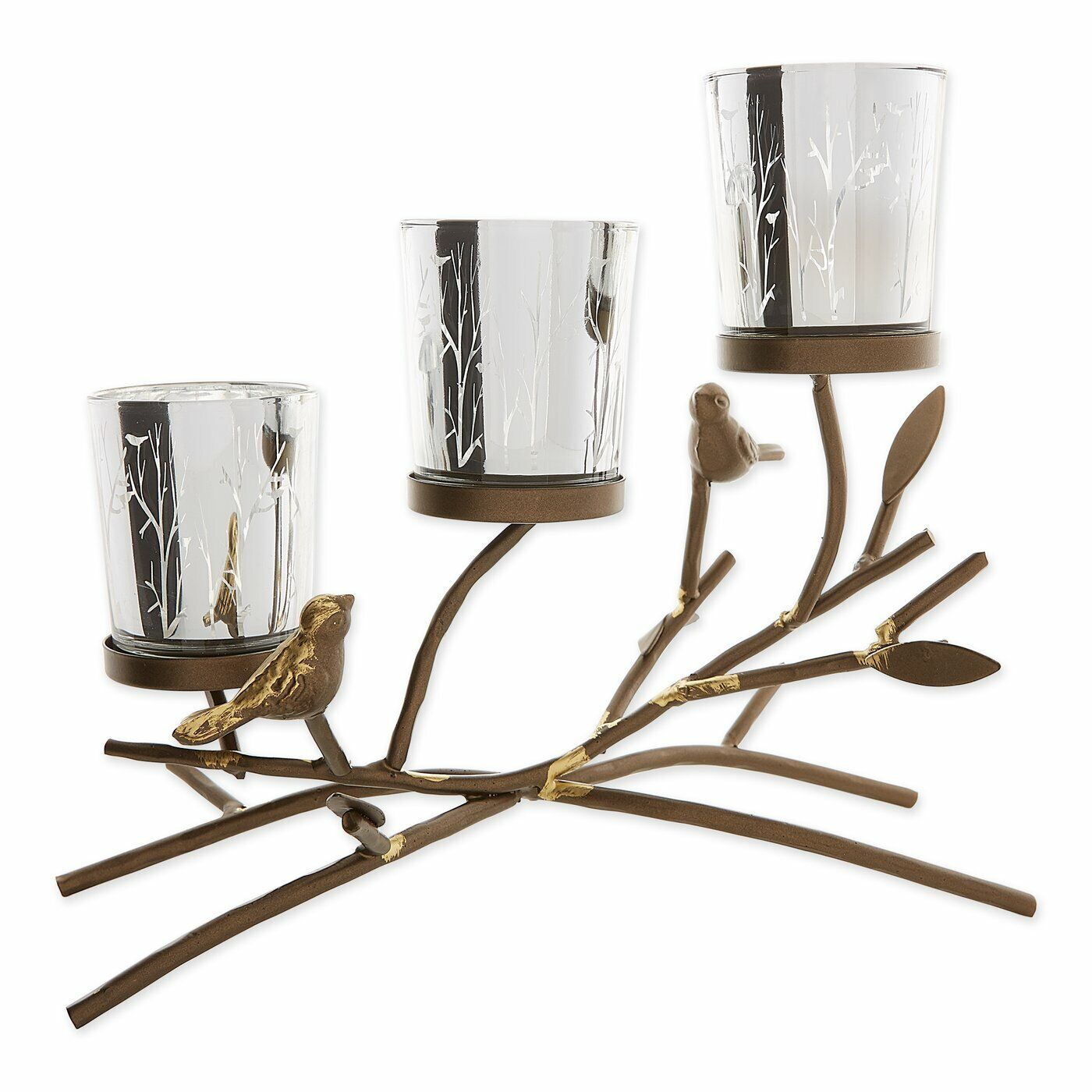 6 Sparkling Birds and Branches Three Tealight Candle Holder Wedding Centerpiece