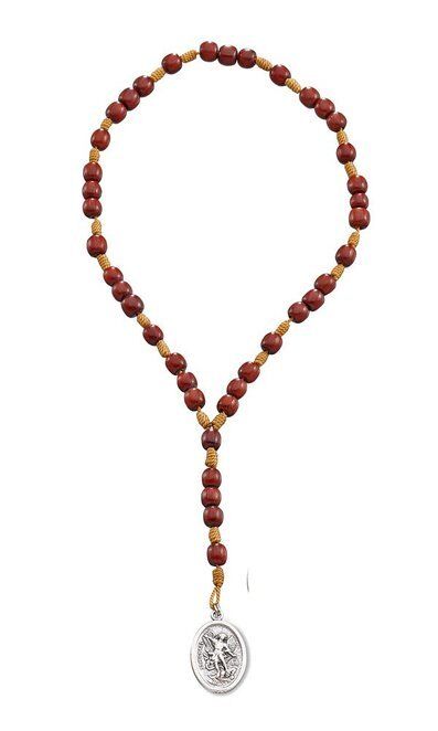 Saint St Michael Archangel Chaplet Cherry Wood Beaded Cord Rosary,Made in Brazil