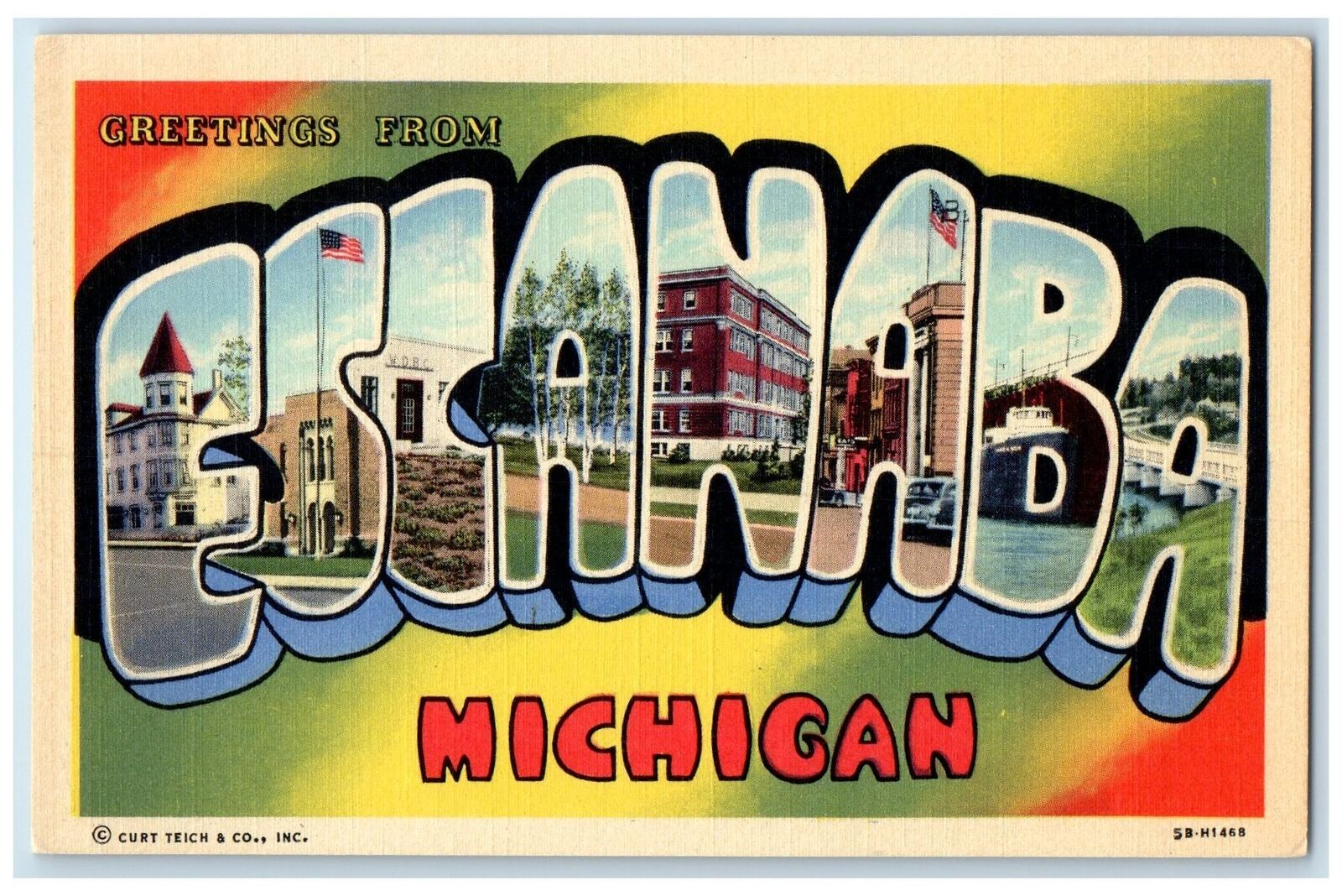 c1940s Large Letter Greetings From Escanaba Michigan MI Unposted Flags Postcard