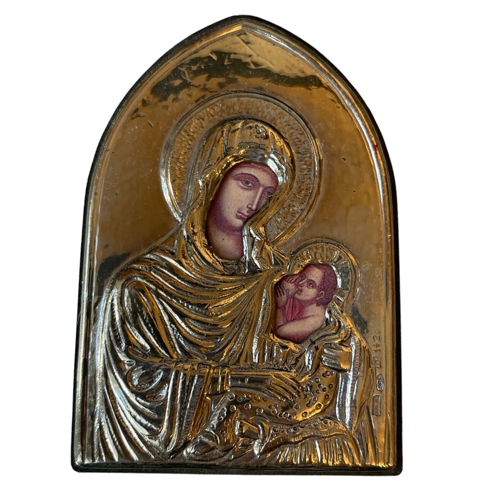 Madonna & Child Mother of God Sterling Silver Signed 925 Icon Wall Desk Plaque 
