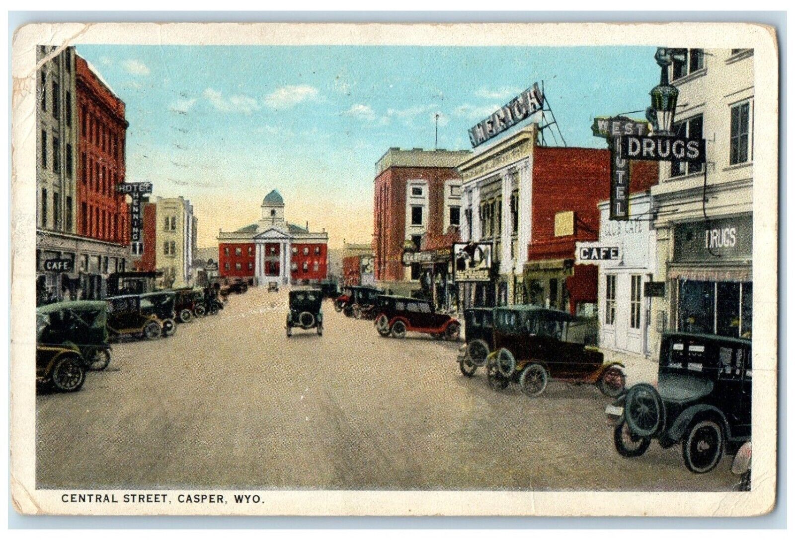 1924 Central Street Store Exterior Building Classic Cars Casper Wyoming Postcard