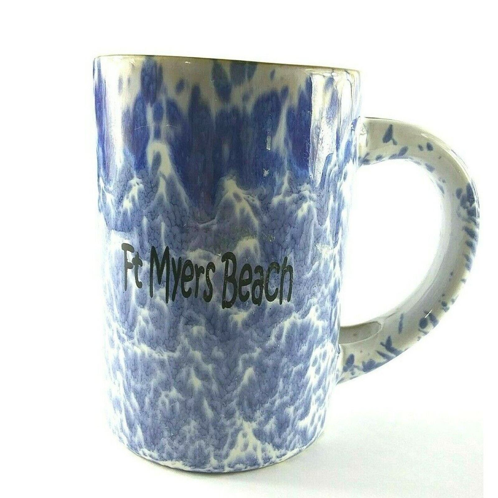 Ft Meyer's Beach Stoneware Coffee Cup Mug Blue White Souvenir