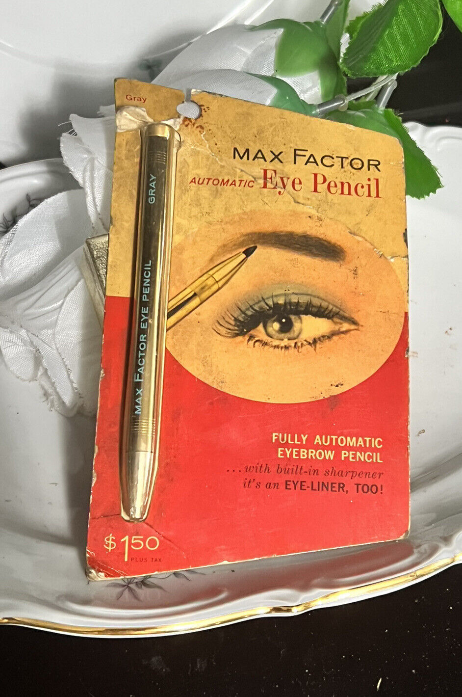 VINTAGE MAX FACTOR HOLLYWOOD GOLD METAL AUTOMATIC EYE PENCIL LINER GRAY NEW