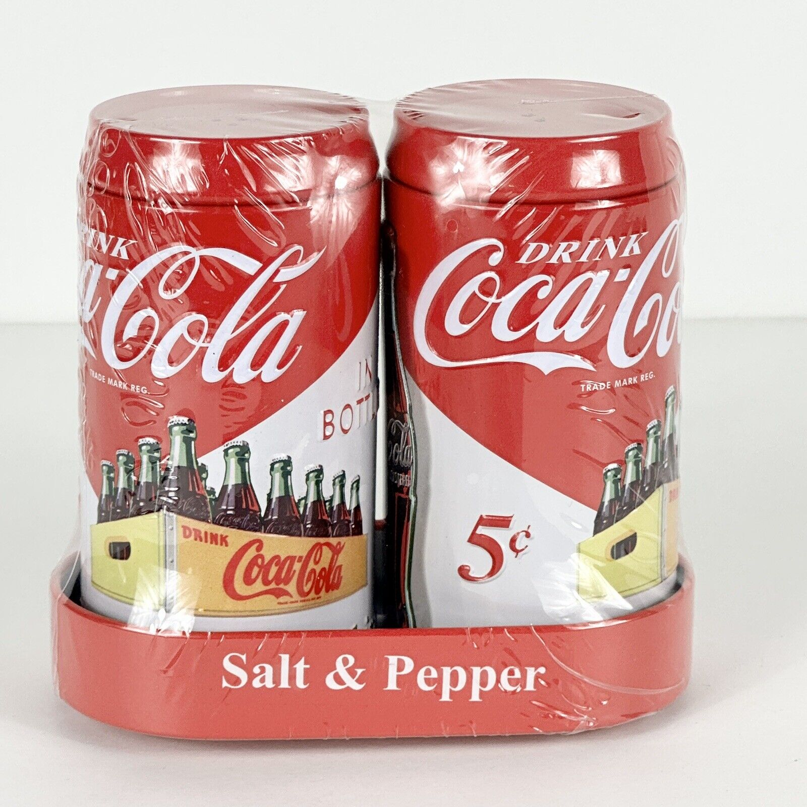 Coca Cola Salt & Pepper Shakers w/ Caddy Drink Classic Coke Soda Tin Red Sealed