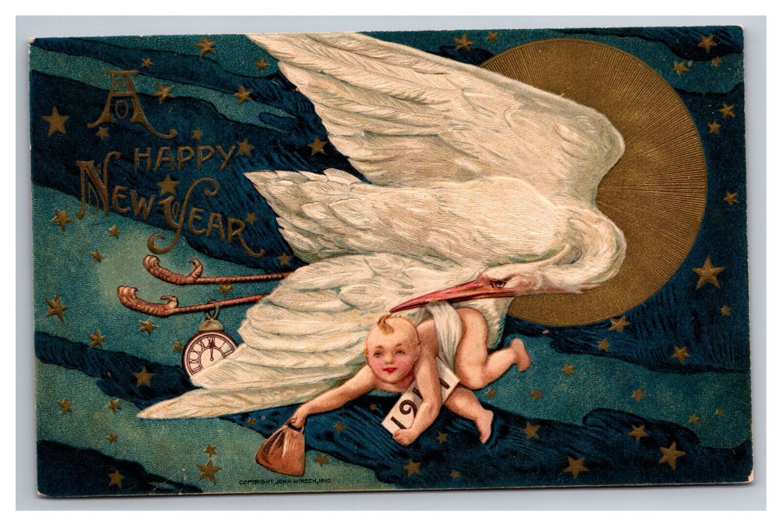 Postcard Near Years John Winsch Baby and Stork Moon Stars Clock 1911