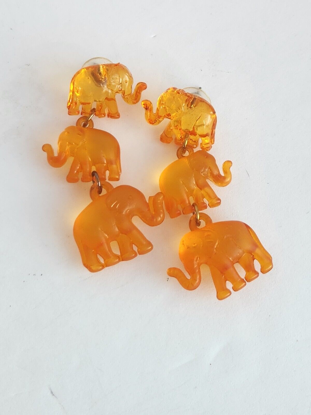 Unique Lucite Orange Elephant Triplet Chunky Earrings Runway One Of A Kind EUC