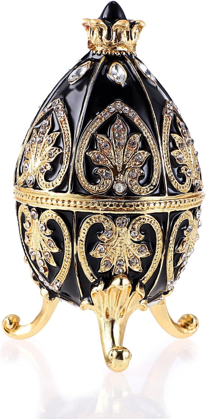 Bejeweled Black Faberge Egg Hinged Metal Enameled Crystal Trinket box Classic