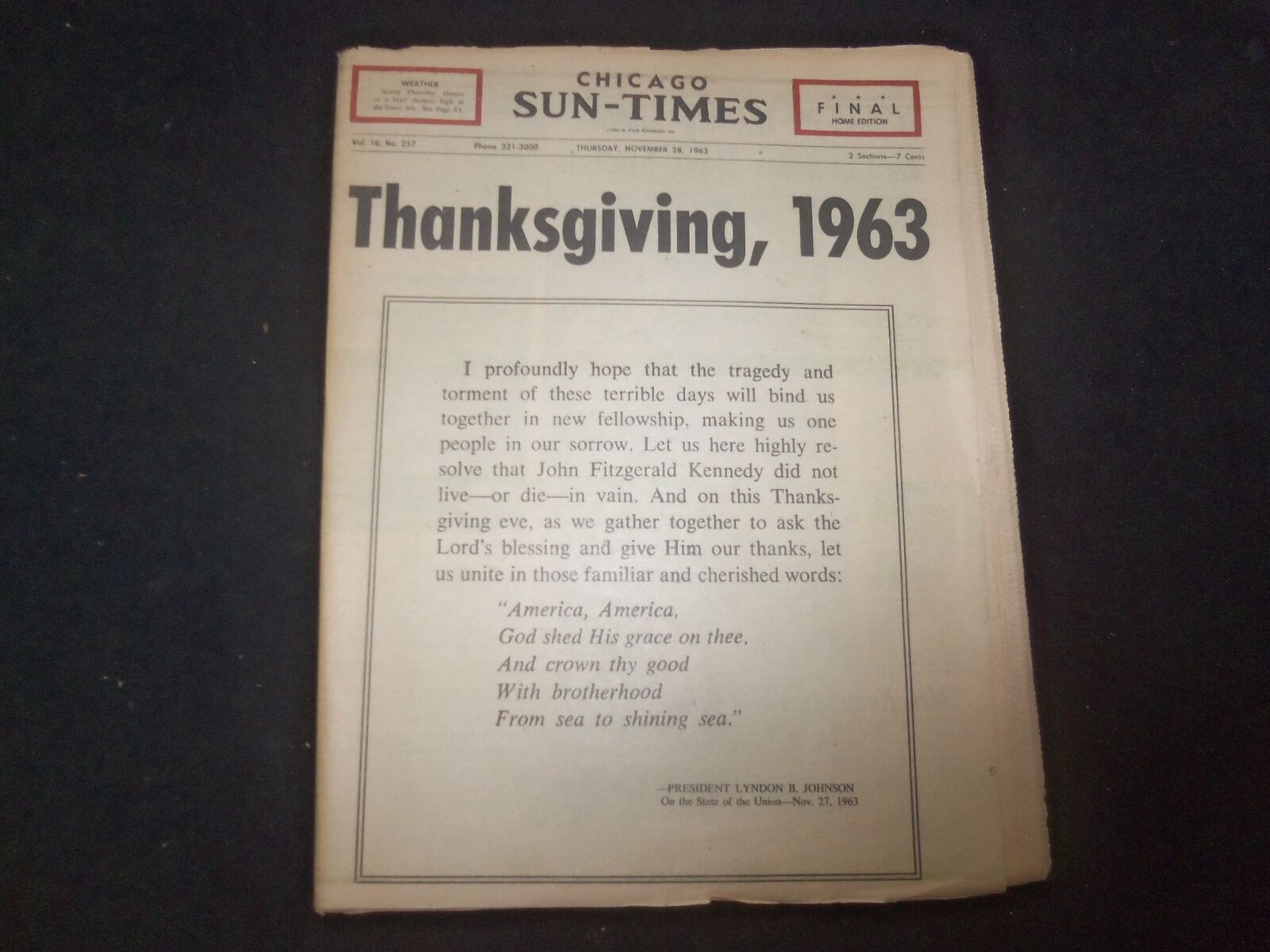 1963 NOV 28 CHICAGO SUN-TIMES NEWSPAPER- LBJ STATE OF THE UNION ADDRESS- NP 8046