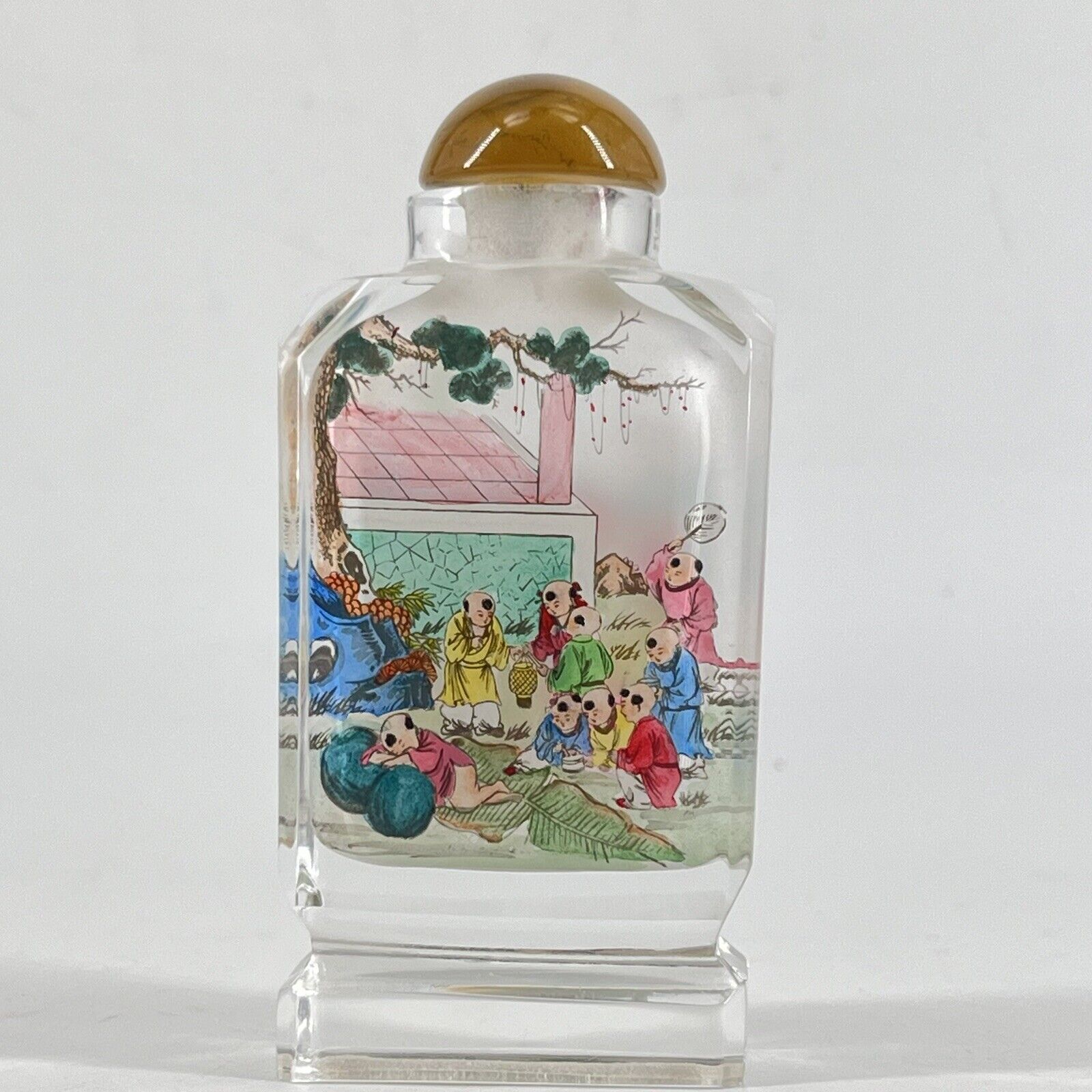 Reverse Painted Glass Snuff Perfume Bottle Carnelian Stopper Double Sided Scenes