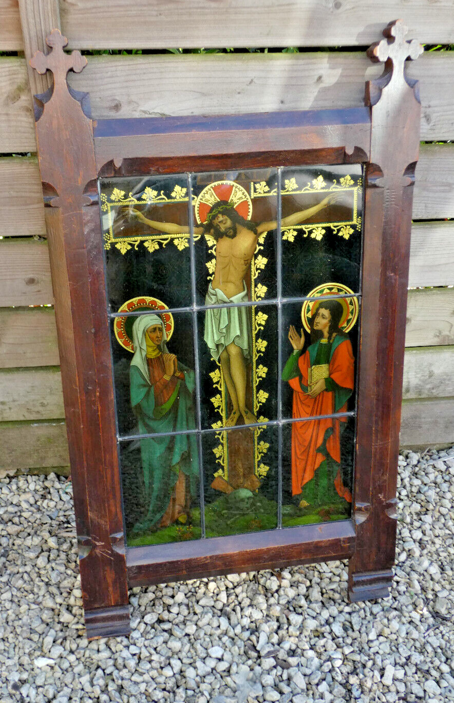Antique XL 19thc eglomise glass painting calvary crucifix christ rare wood frame