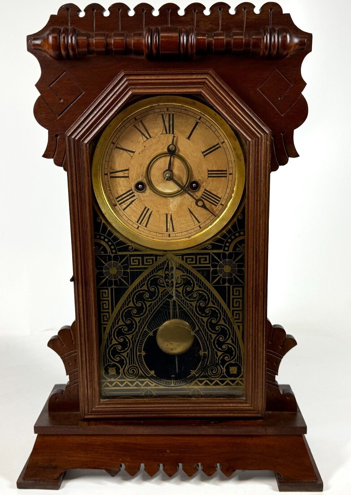 Antique Ansonia Carved Wood Wind Up Gingerbread Kitchen Mantel Clock 18.5\