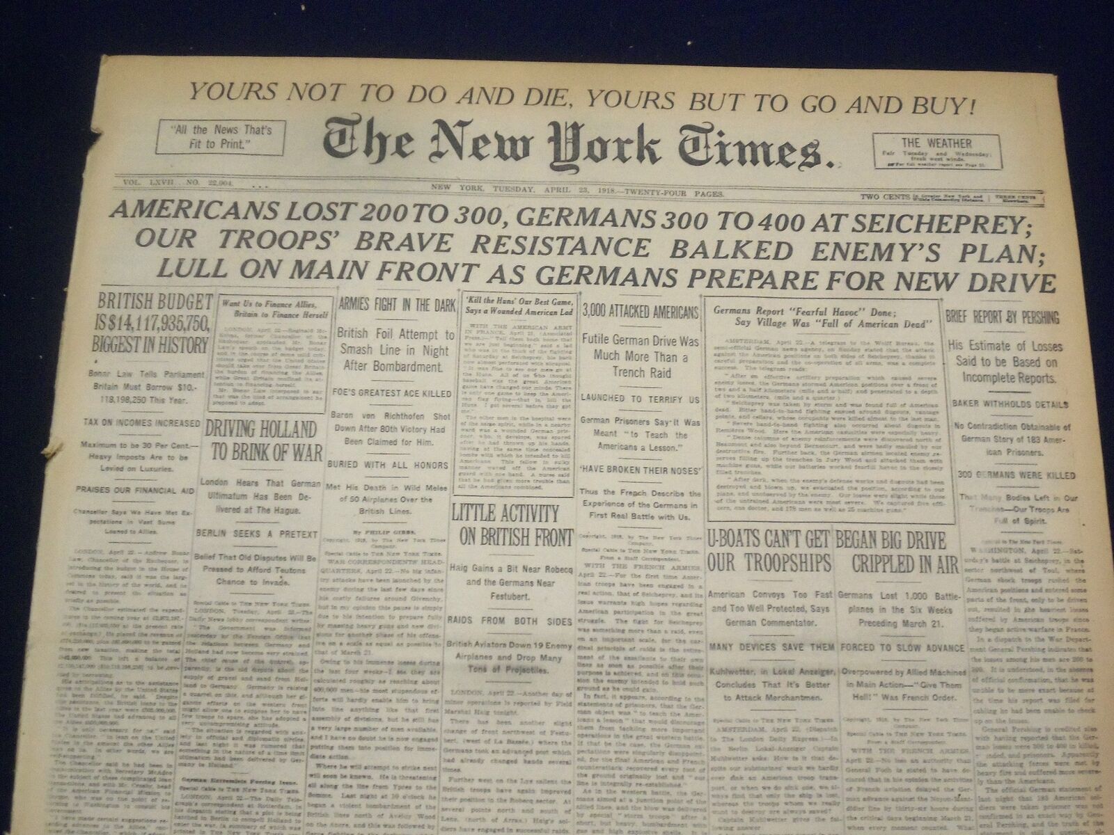 1918 APRIL 23 NEW YORK TIMES - AMERICANS LOST 200 TO 300 AT SEICHEPREY - NT 8219