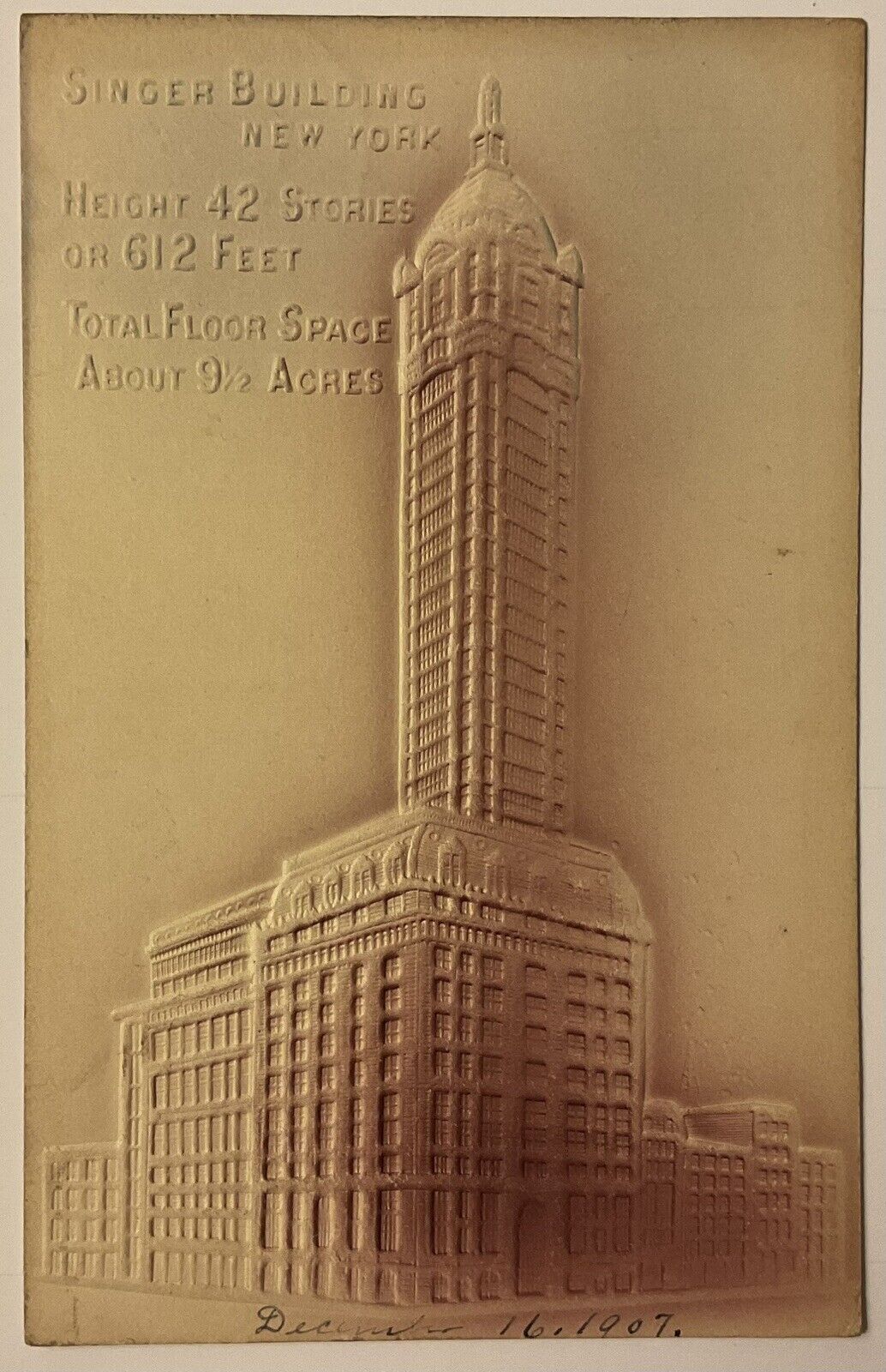 Singer Building, NYC, Embossed Postcard 1907