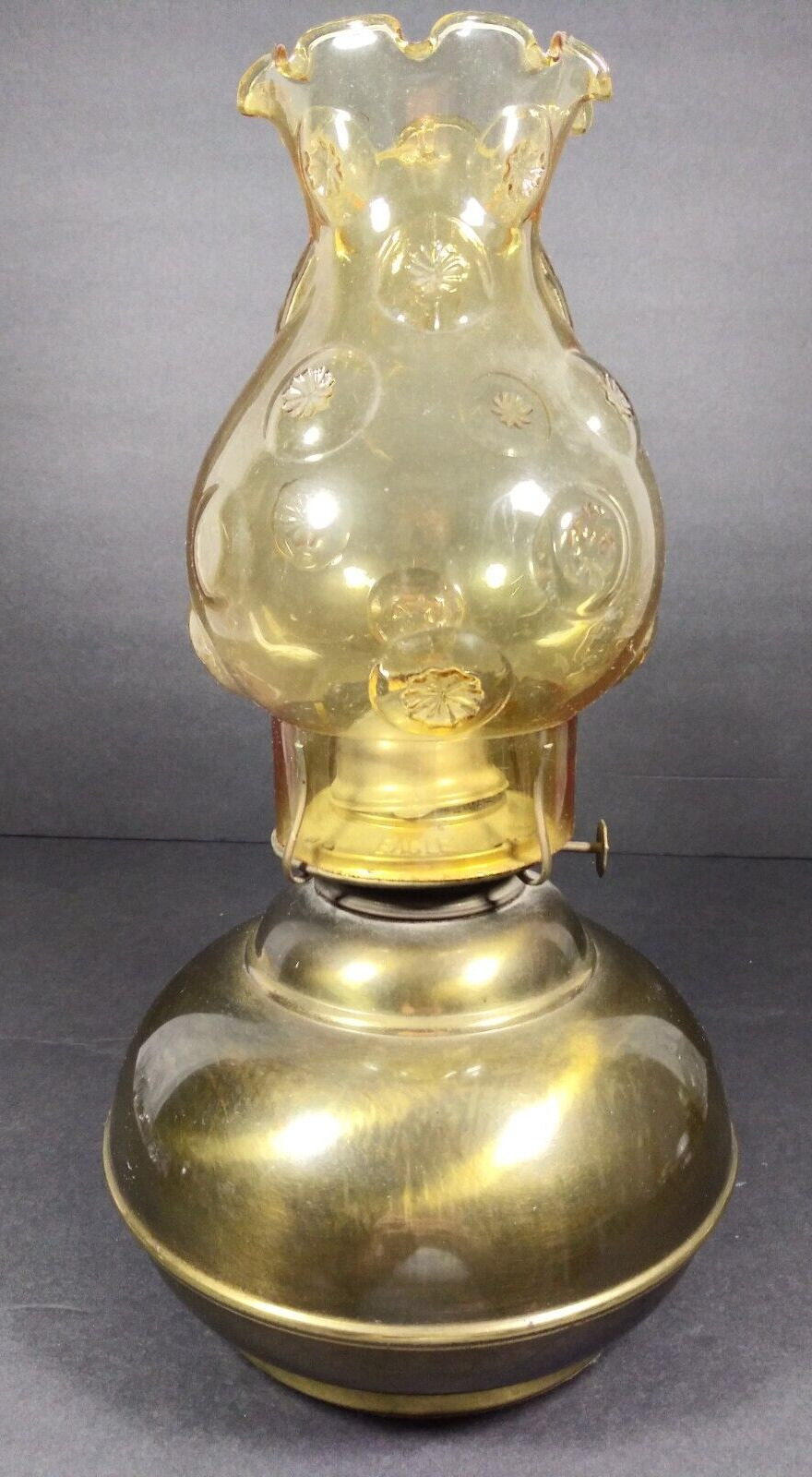 Vintage Oil Lamp Metal Base w/Amber Glass Hurricane Textured