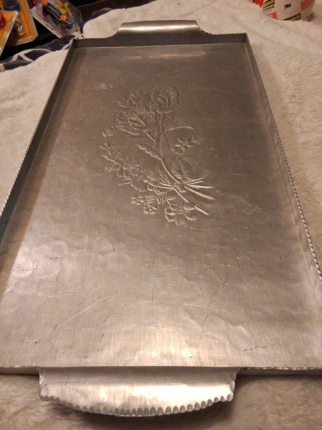 Hand Forged Everlast Metal Floral Themed Tray w Handles 