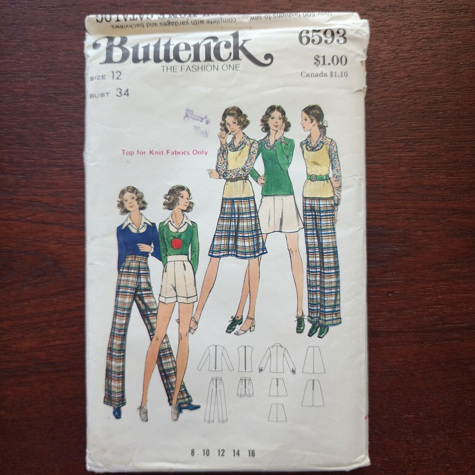 Butterick 6593 Vintage 1970s Sizes 8-16 Skirt Blouse Pants Shorts Vest Uncut