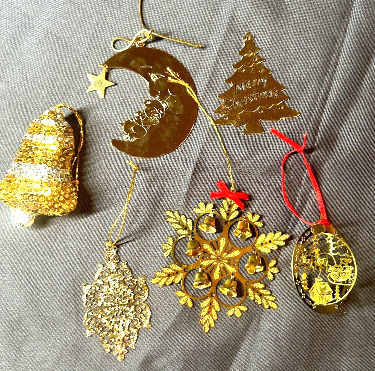 Lot of 6 Vintage Fancy Brass & Gold Tone Christmas Ornaments Metal & Sequins