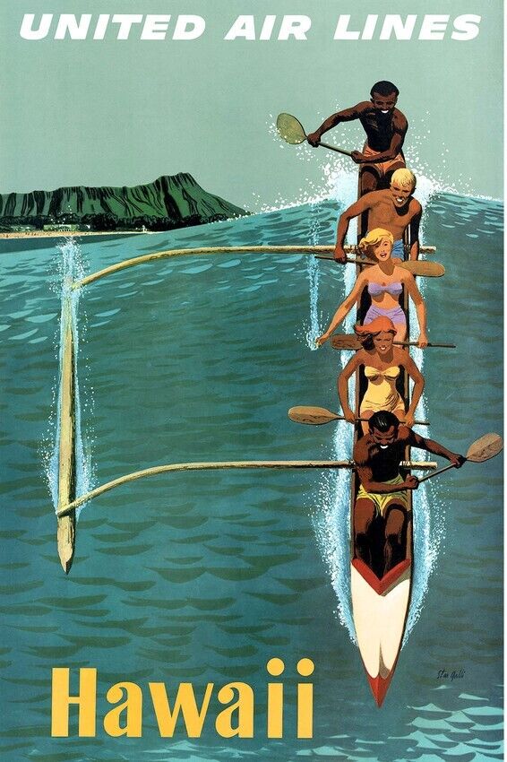 Hawaii Canoe paddling Vintage Hawaiian Islands Travel artwork 24x36 inch Poster