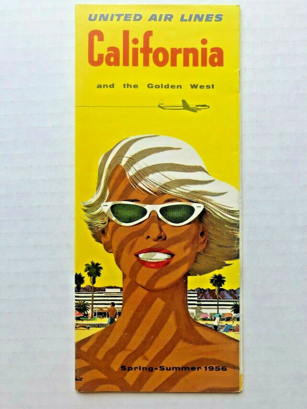 1956 United Airlines California Travel Brochure w/ Cool Yellow Cover Tan Woman B