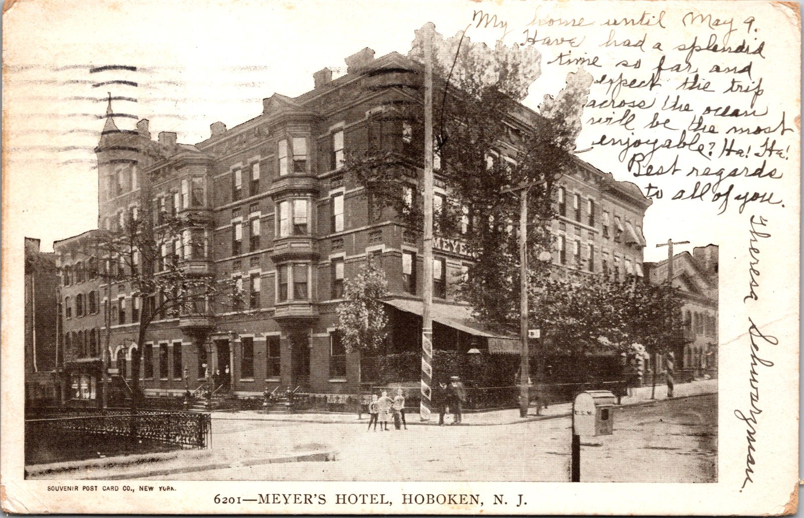 Vintage C. 1906 Corner Street Scene Myers Hotel Hoboken New Jersey NJ Postcard